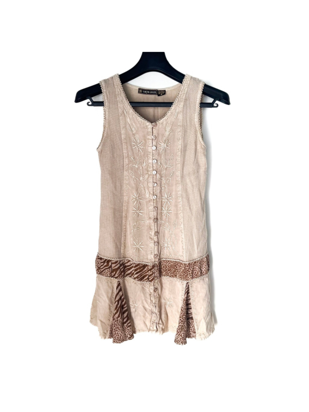 Vintage 90s Y2K Raya Sun Dress Tan Embroidered Animal Print Boho Lagenlook Sz M